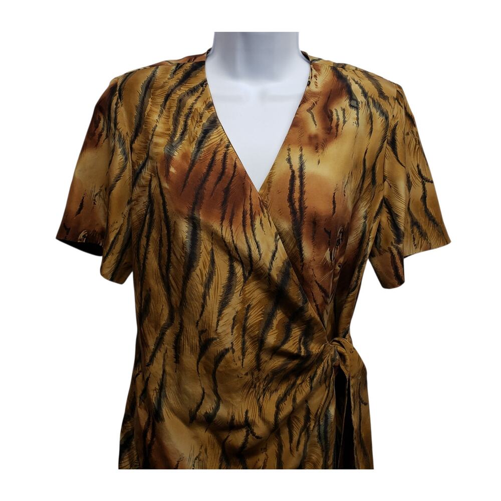 Mosaic 100% Silk Tiger Print Midi Faux Wrap Dress Silk Animal Print 10P Mob Wife